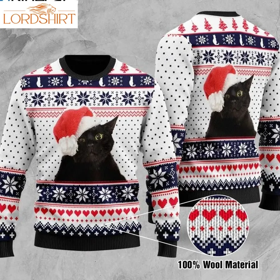 Black Cat With Santa Hat Happy Xmas Blue Color Wool Sweater