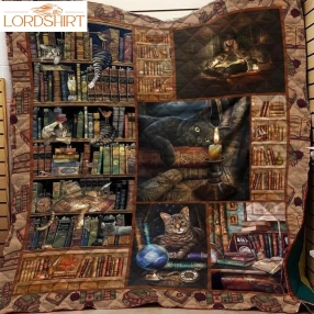 Book And Cat In Library Quilt Blanket Great Customized Gifts For Birthday Christmas Thanksgiving Perfect Gifts For Cat Lover