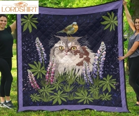 Cat And Bird With Lupine New Zealand 3D Customized Quilt