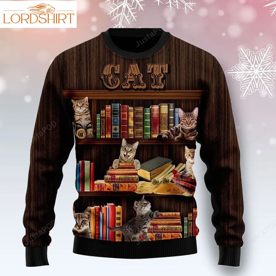 Cat Bookcase Ugly Christmas Sweater Ugly Sweater Christmas Sweaters Hoodie