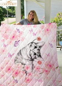 Cat Butterfly Flower Pink Quilt Blanket Great Customized Gifts For Birthday Christmas Thanksgiving Perfect Gifts For Cat Lover