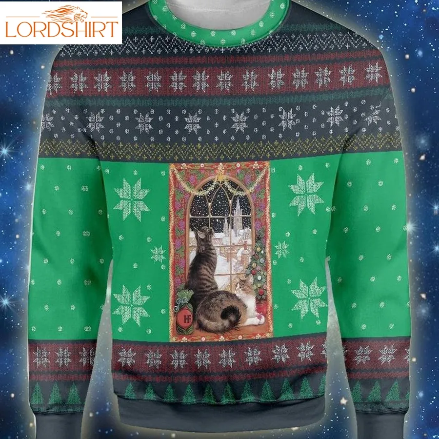 Cat Christmas Snow Window Ugly Sweater