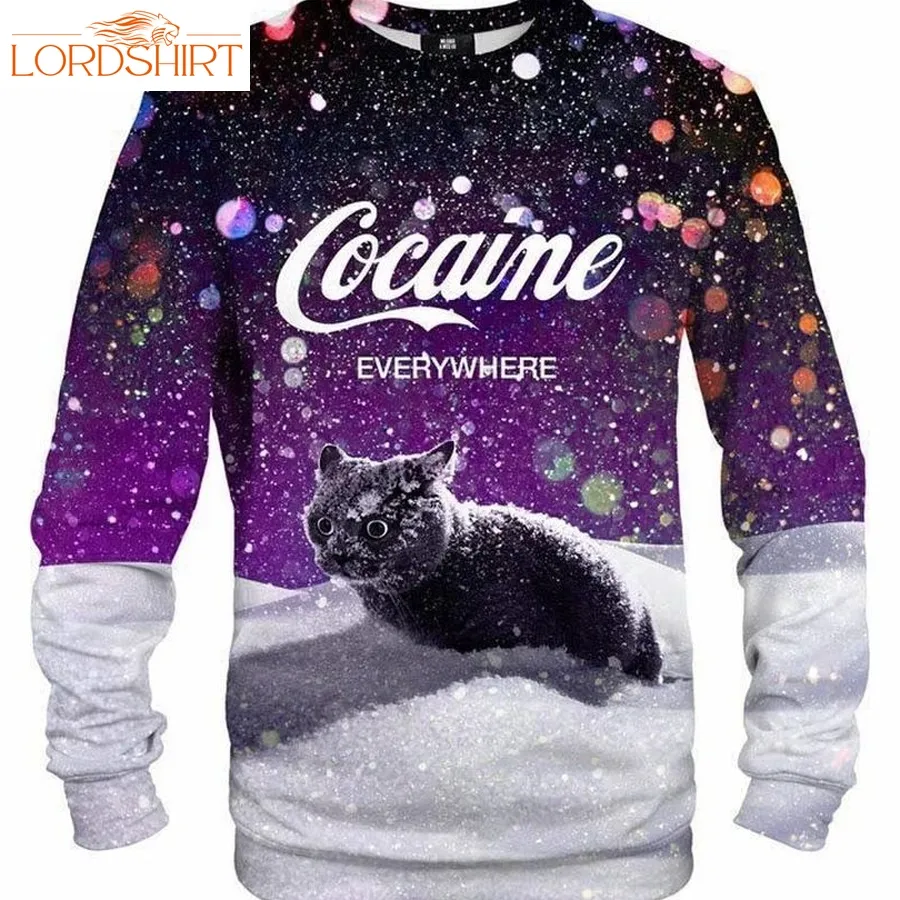 Cat Cocaine Snow 3D Ugly Printed Wool Sweater 2