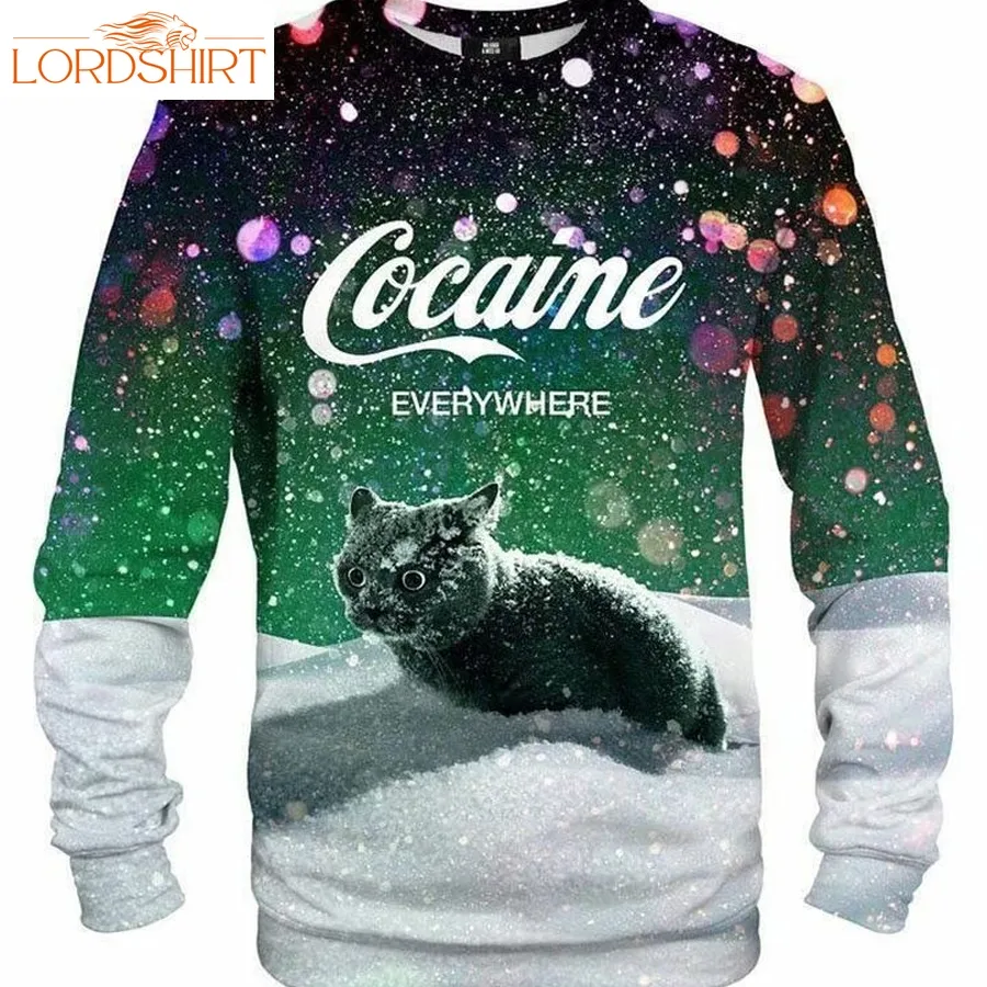 Cat Cocaine Snow 3D Ugly Printed Wool Sweater