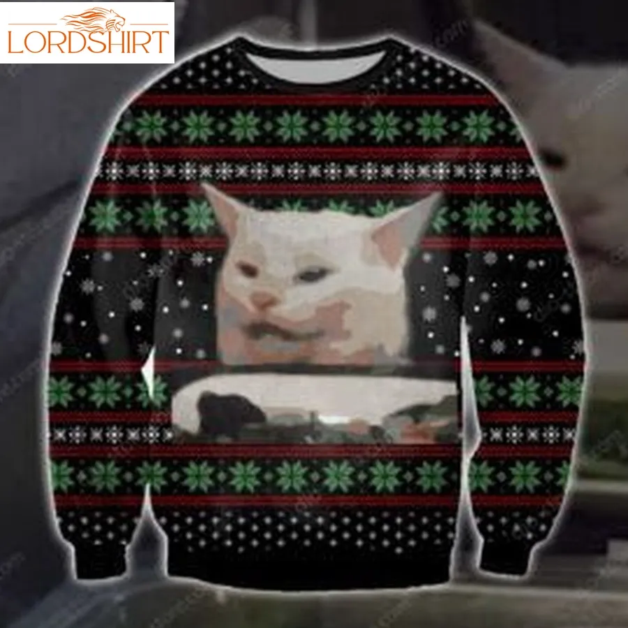 Cat Getting Yelled At Knitting Ugly Christmas Sweater All Over