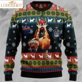 Cat Hanging On Xmas Tree Ugly 3D Christmas Sweater