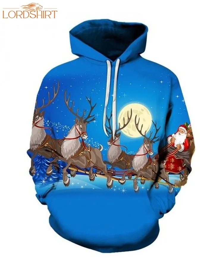 Christmas Pullover And Zippered Hoodies Custom 3D The Pattern Of Santa Driving Reindeer To Give Presents On Christmas