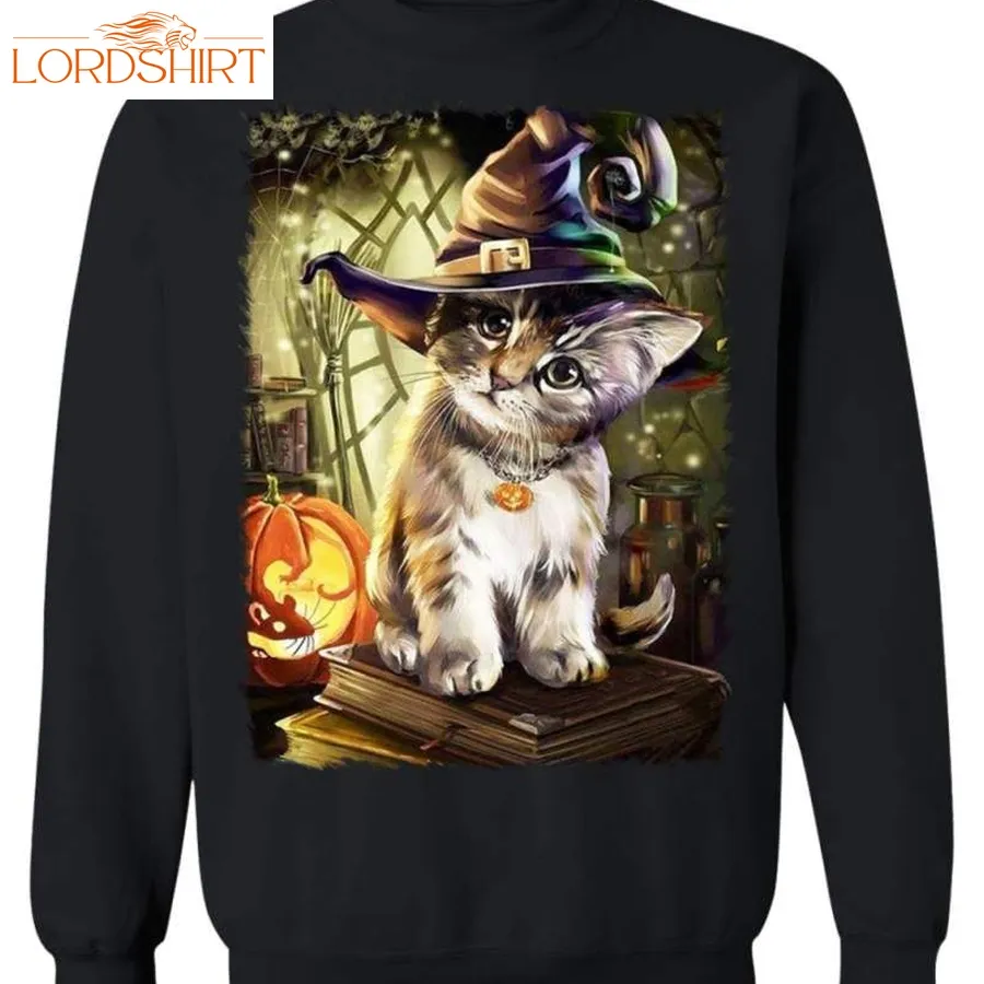 Cute Cat In A Witch Hat Sitting On A Book  Cat Sweater