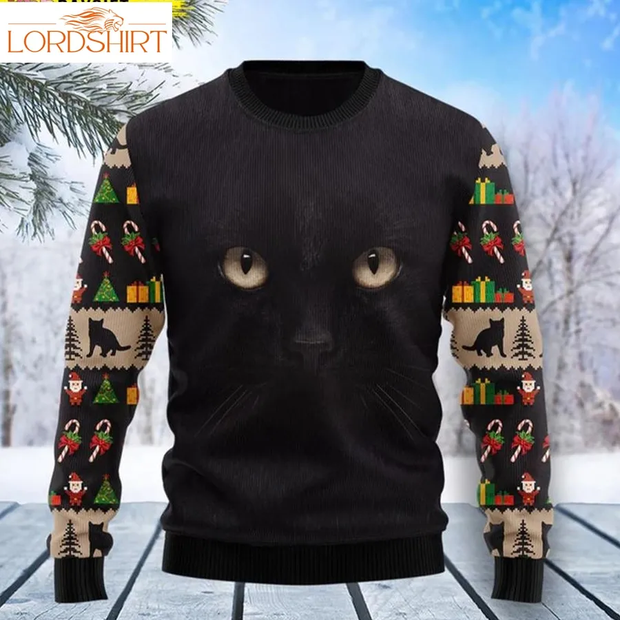 Cute Ugly Christmas Sweater Unisex Black Cat Cute Face