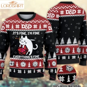 D&038;D Dragon Cat It's Fineything Fine Ugly Christmas Happy Xmas Wool Knitted Sweater