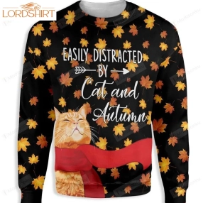 Easily Distracted By Cat And Autumn Ugly Christmas Sweater, All Over Print Sweatshirt