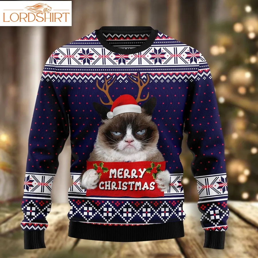 Grumpy Cat Merry Christmas Xmas Santa Hat Hz112315 Ugly Christmas Sweater Unisex Womens And Mens, Couples Matching, Friends, Funny Family Sweater Gifts 