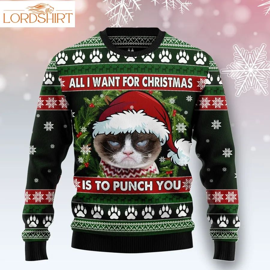 Grumpy Cat Punch You Ugly Christmas Sweater Unisex Womens And Mens, Funny Family Sweater Gifts 