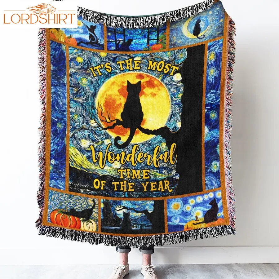 Halloween Cat Van Gogh Woven Blanket Tapestry It's The Most Wonderful Time Of The Year Bnn480wb