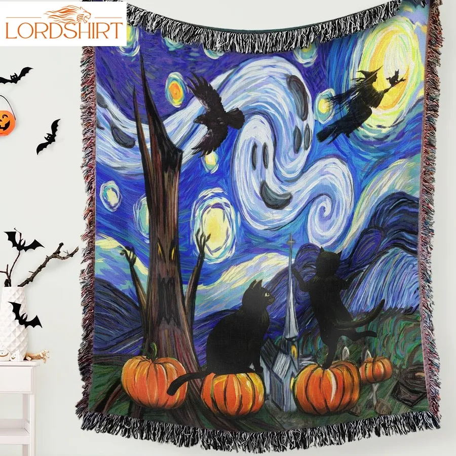 Halloween Starry Night Woven Blanket Pumpkin Black Cat Witch Qnn570wb