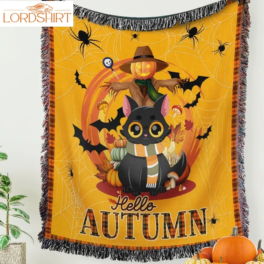 Hello Autumn Woven Blanket Black Cat Halloween Lnt506wb