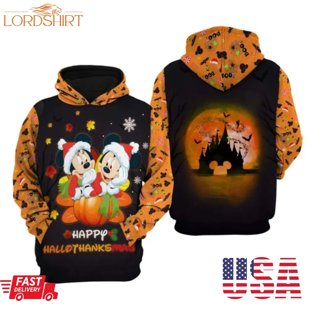 Mickey  Minnie Happy Hallothankmas Halloween Thanksgiving 3D Hoodie