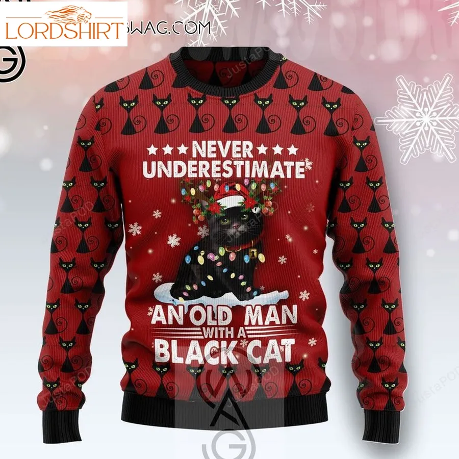 Never Underestimate An Old Man With A Black Cat Ugly Christmas Sweater