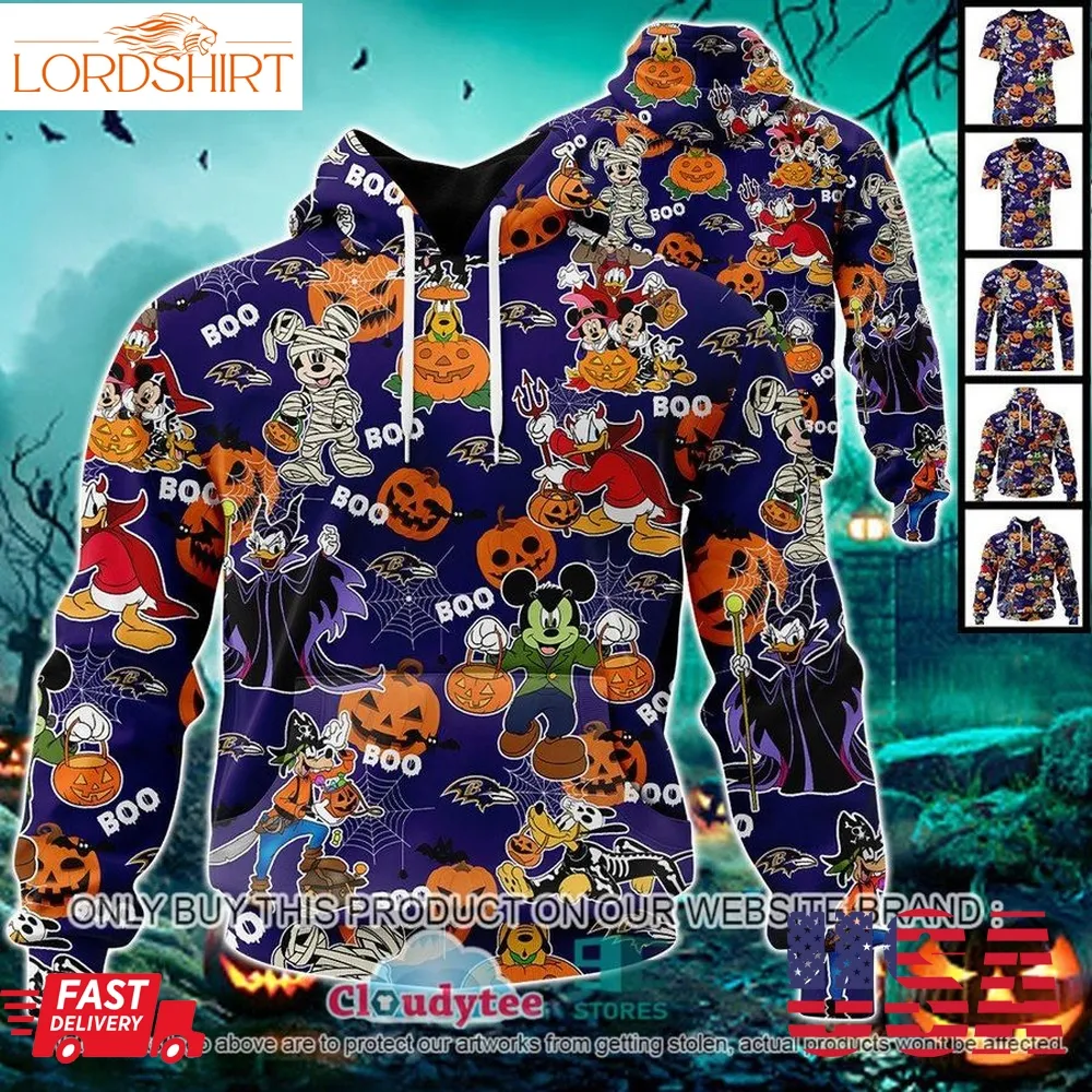 Nfl Baltimore Ravens Halloween Pumpkin Mickey With Friends Disney Style 3D Hoodie, Shirt  