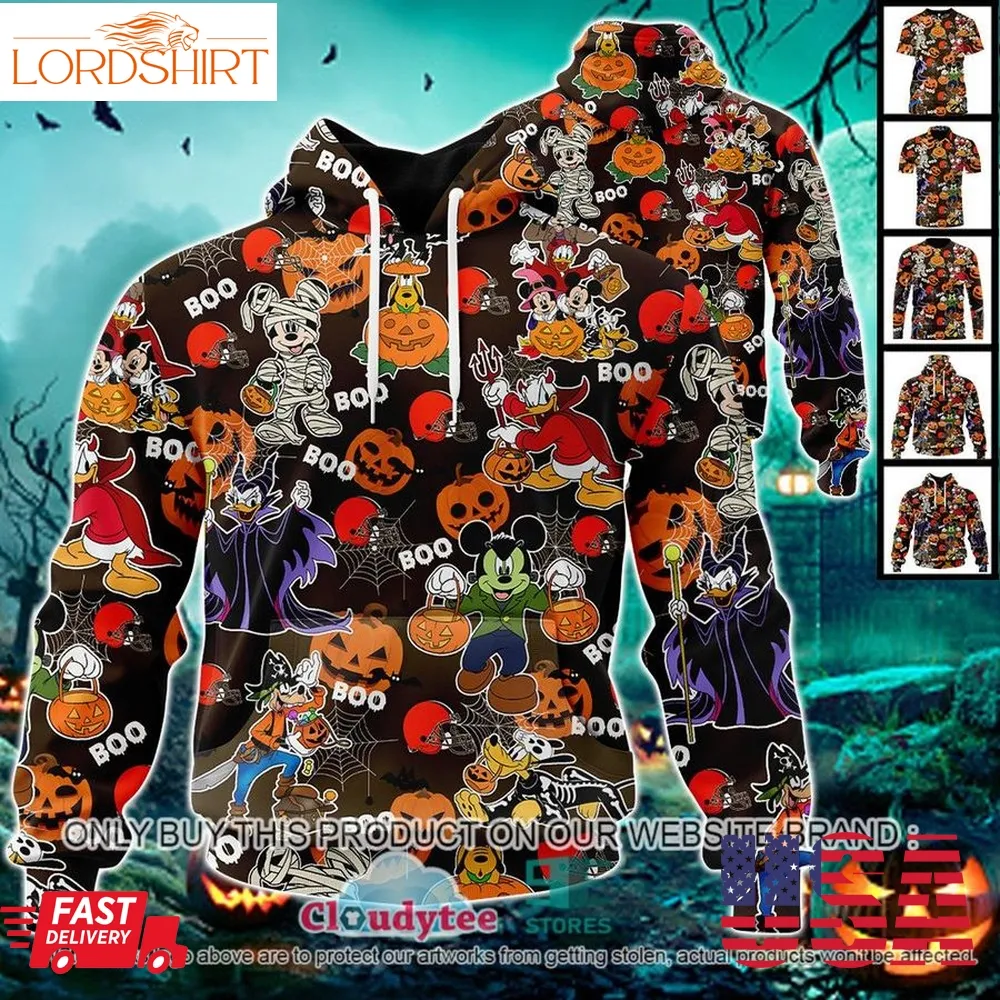 Nfl Cleveland Browns Halloween Pumpkin Mickey With Friends Disney Style 3D Hoodie, Shirt  