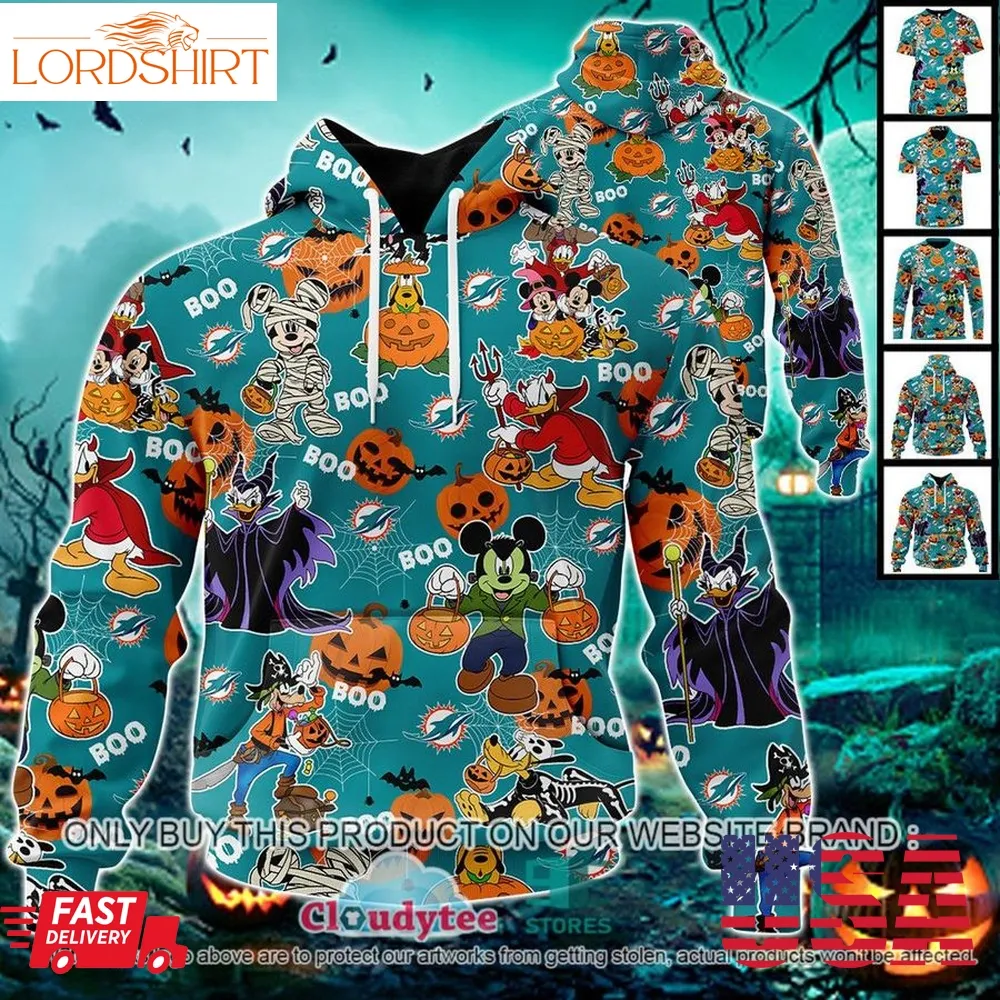 Nfl Miami Dolphins Halloween Pumpkin Mickey With Friends Disney Style 3D Hoodie, Shirt  