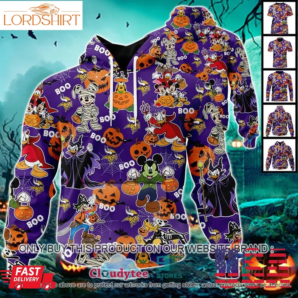 Nfl Minnesota Vikings Halloween Pumpkin Mickey With Friends Disney Style 3D Hoodie, Shirt  