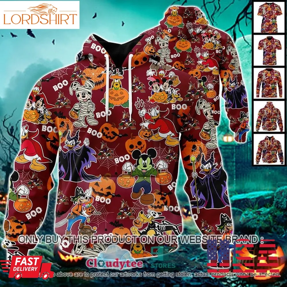 Nhl Arizona Coyotes Halloween Pumpkin Mickey With Friends Disney Style 3D Hoodie, Shirt  