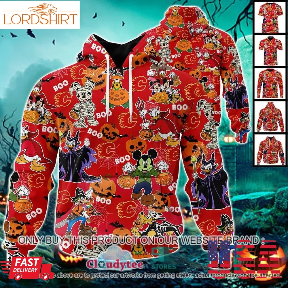 Nhl Calgary Flames Halloween Pumpkin Mickey With Friends Disney Style 3D Hoodie, Shirt  