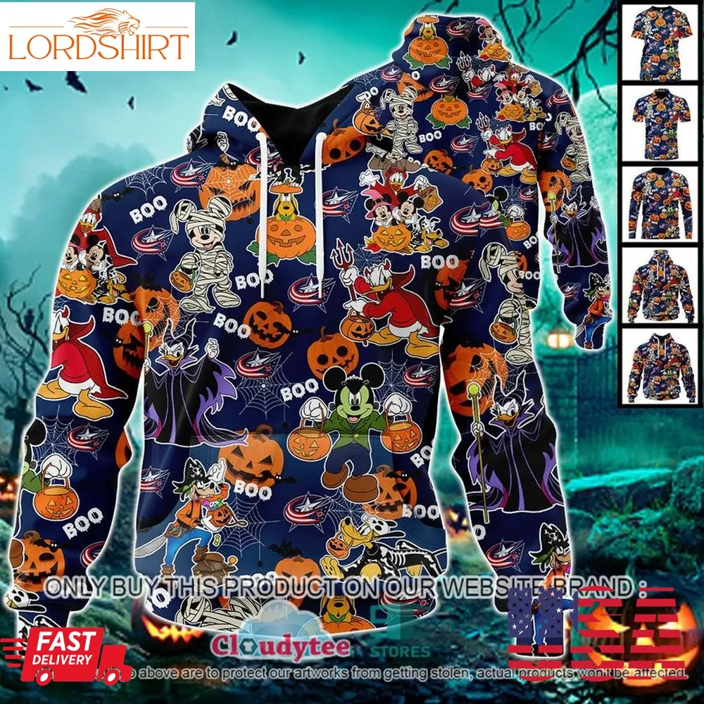 Nhl Columbus Blue Jackets Halloween Pumpkin Mickey With Friends Disney Style 3D Hoodie, Shirt  