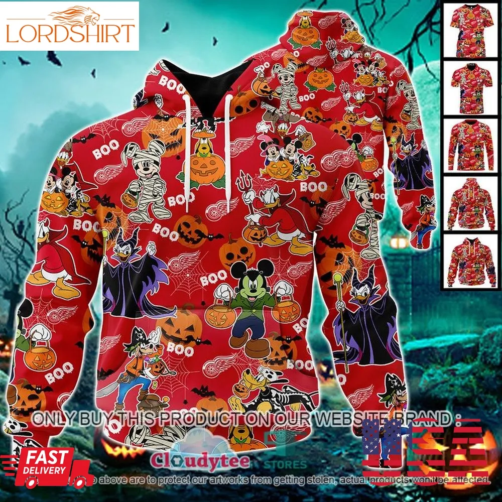 Nhl Detroit Red Wings Halloween Pumpkin Mickey With Friends Disney Style 3D Hoodie, Shirt  