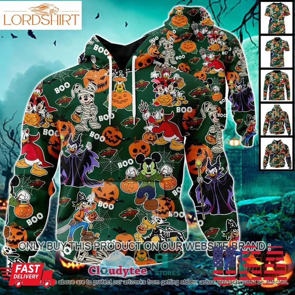 Nhl Minnesota Wild Halloween Pumpkin Mickey With Friends Disney Style 3D Hoodie, Shirt  