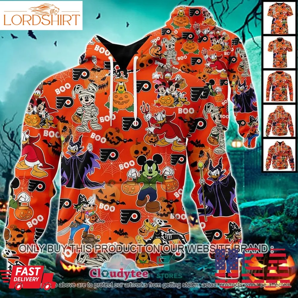 Nhl Philadelphia Flyers Halloween Pumpkin Mickey With Friends Disney Style 3D Hoodie, Shirt  