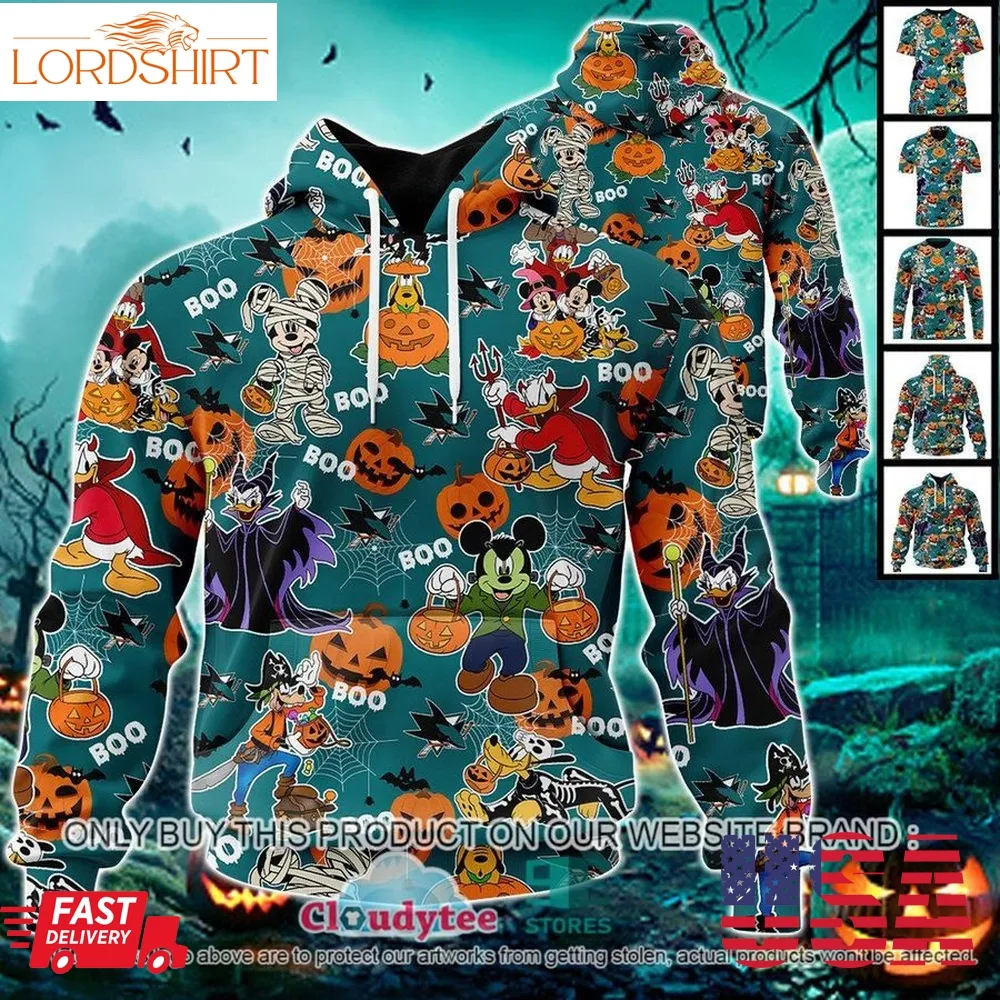 Nhl San Jose Sharks Halloween Pumpkin Mickey With Friends Disney Style 3D Hoodie, Shirt  