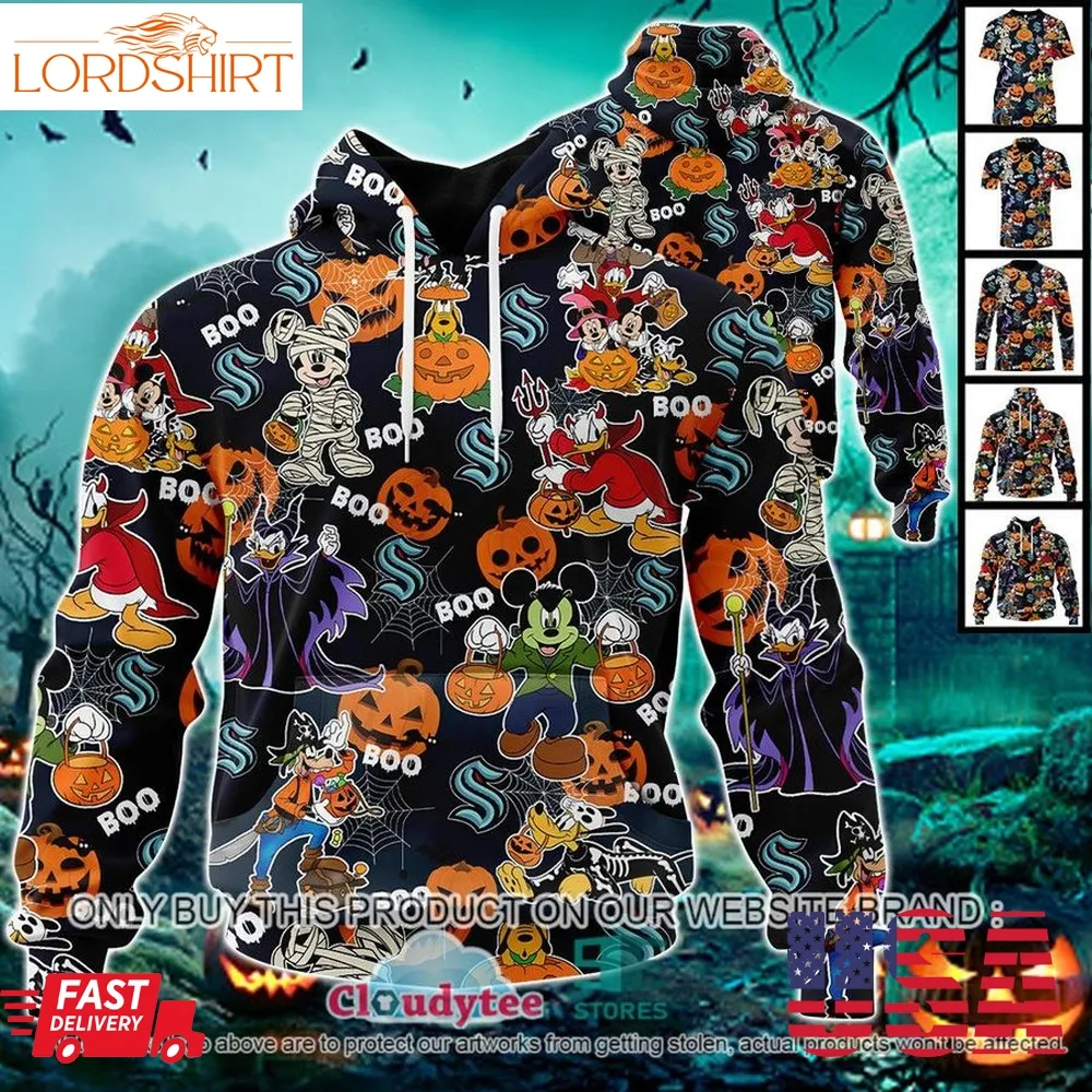 Nhl Seattle Kraken Halloween Pumpkin Mickey With Friends Disney Style 3D Hoodie, Shirt  