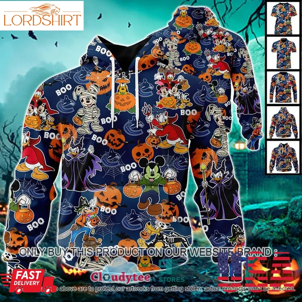 Nhl Vancouver Canucks Halloween Pumpkin Mickey With Friends Disney Style 3D Hoodie, Shirt  