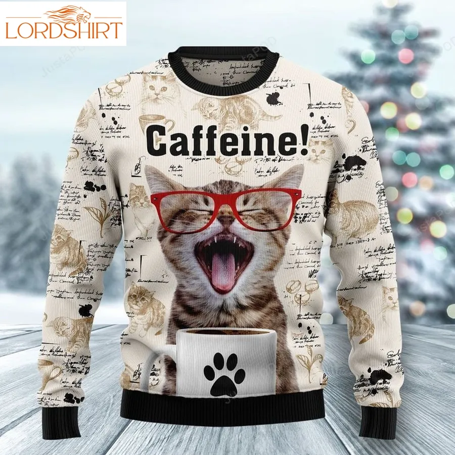 Red Glasses Cat Caffeine Ugly Christmas Sweater All Over Print