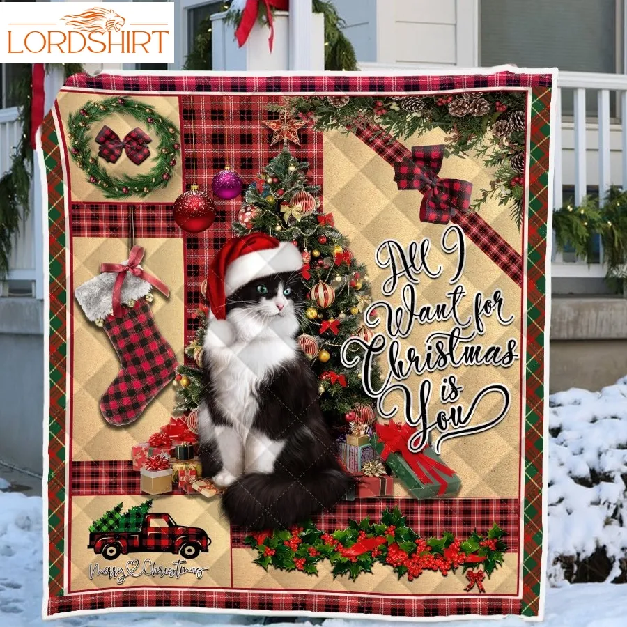 Santa Cat Quilt Blanket Sitting In Front Of The Christmas Tree All I Want For Christmas Is You Tty360q