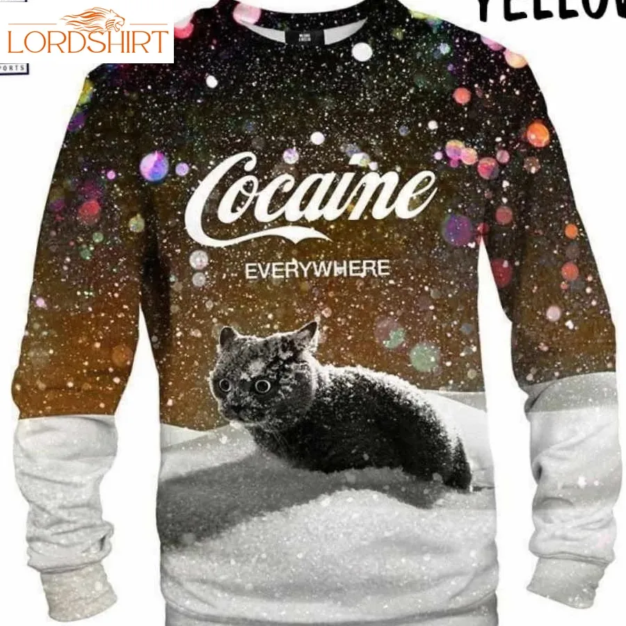 Snow Cat Cocaine In Everywhere Christmas Ugly Sweater