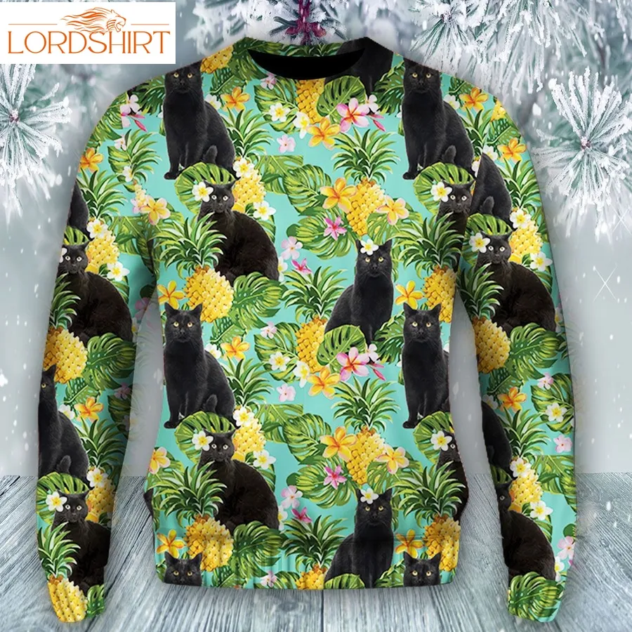 Tropical Pineapple Black Cat H10955  All Over Print Holiday Sweater