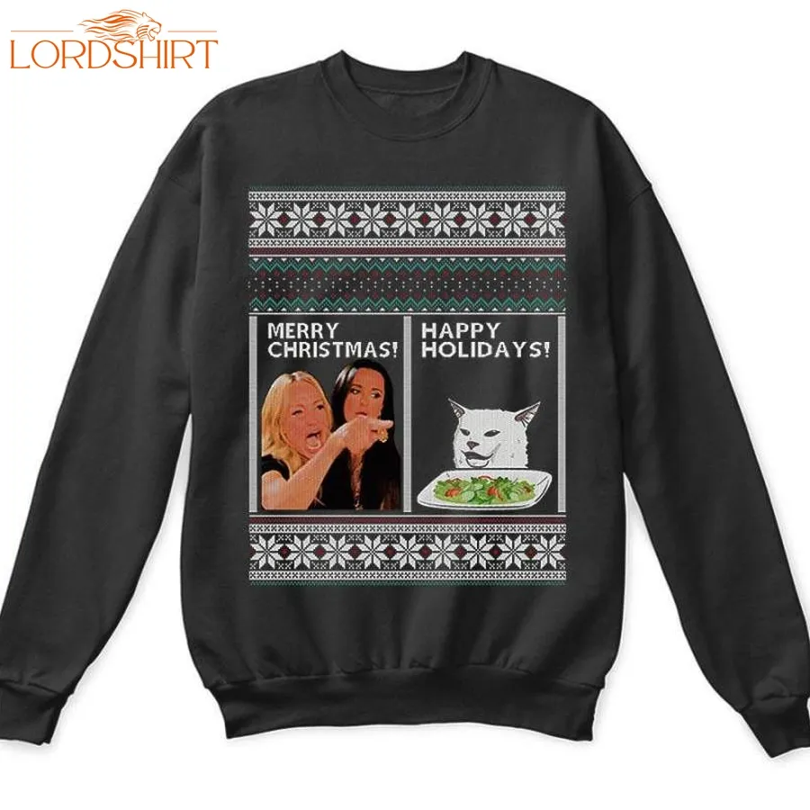 Woman Yelling At A Cat Merry Christmas Or Happy Holiday Ugly Sweaters