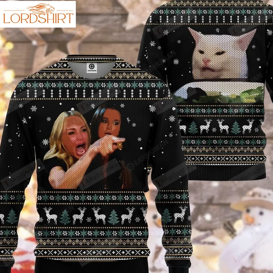 Woman Yelling At A Cat Ugly Christmas Sweater, All Over Print Sweatshirt