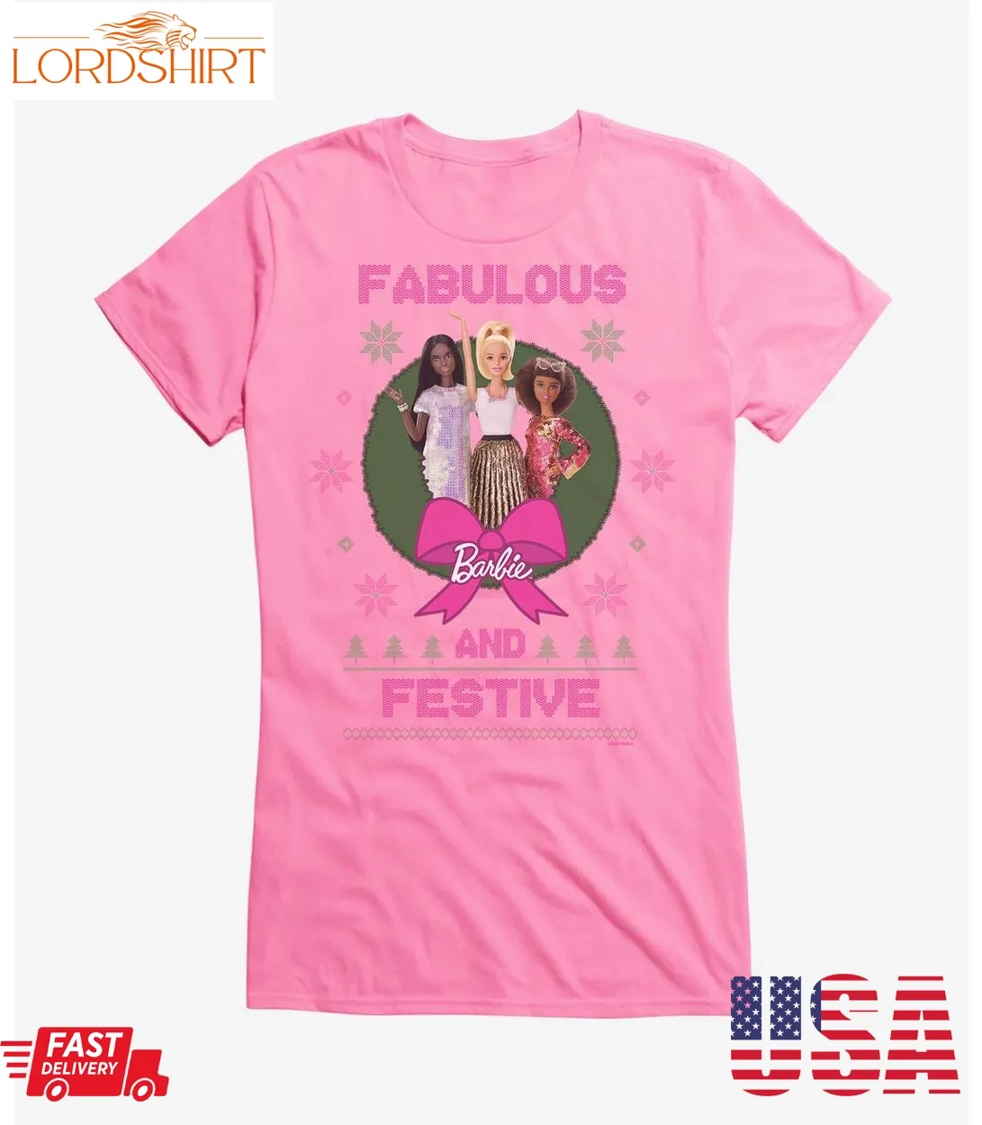 Barbie Fabulous And Festive Ugly Christmas Pattern Girls T Shirt