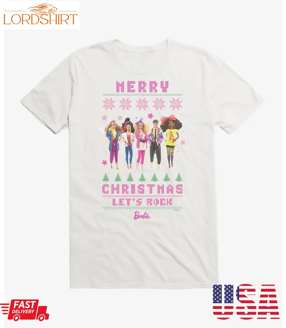 Barbie Merry Christmas Let's Rock Ugly Christmas Pattern T Shirt