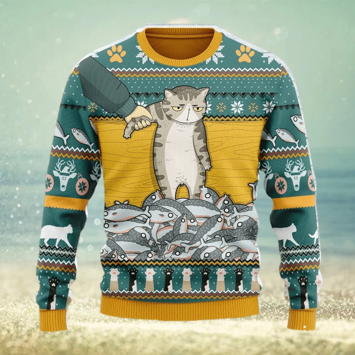 Cat With Fish Ugly Christmas Sweater Christmas