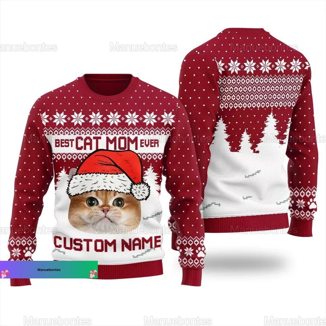 Christmas Custom Cat Face Ugly Sweater, Personalized