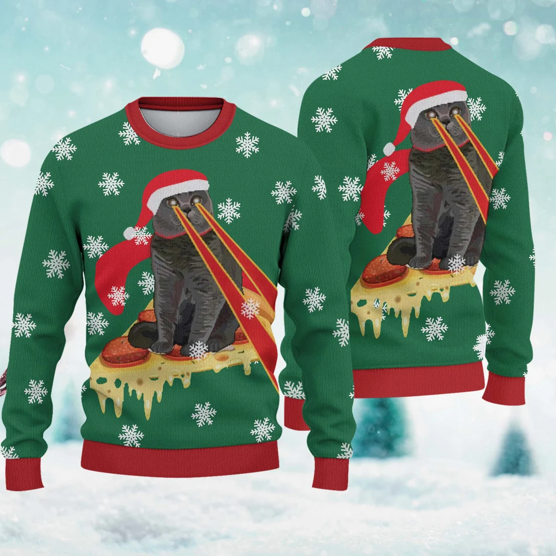 Drax Pizza Cat With Laser Eyes Ugly Christmas Sweater