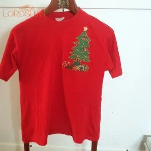 Retro Christmas T-shirt Glitter Puff Paint Applique Bright Red