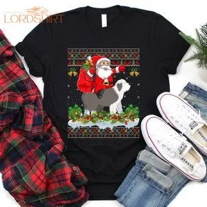 Ugly Santa Riding English Sheepdog Christmas T-shirt