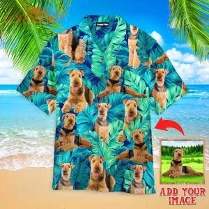 Airedale Terrier Dog In Tropical Leaves Custom Photo Hawaiian Shirt