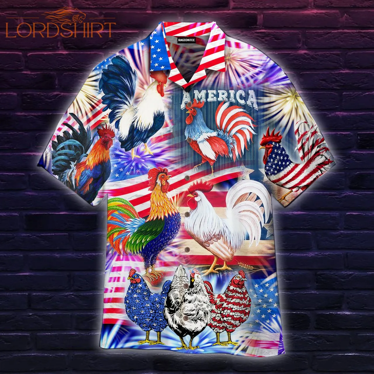 America Rooster Chicken With Fireworks Hawaiian Shirt